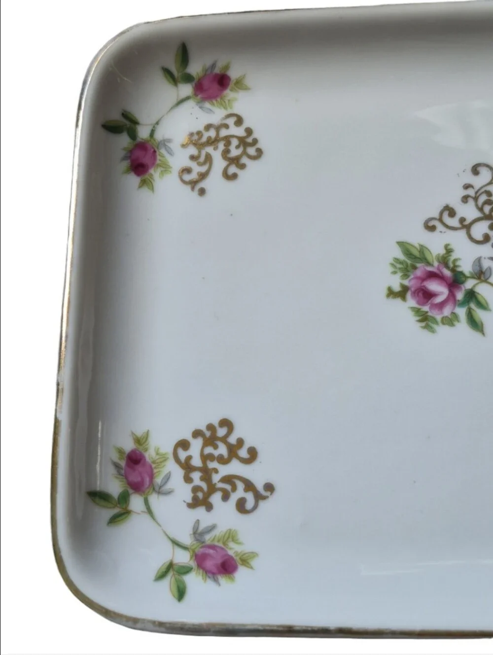 Floral I.W. Rice Company Pink Rose Gold-Accented Porcelain Dresser Tray